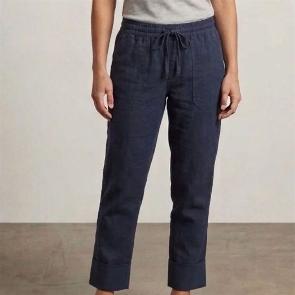 Lou & Grey Pants Sz XL Blue Linen Viscose Zip Front Drawstring Stretch Waist